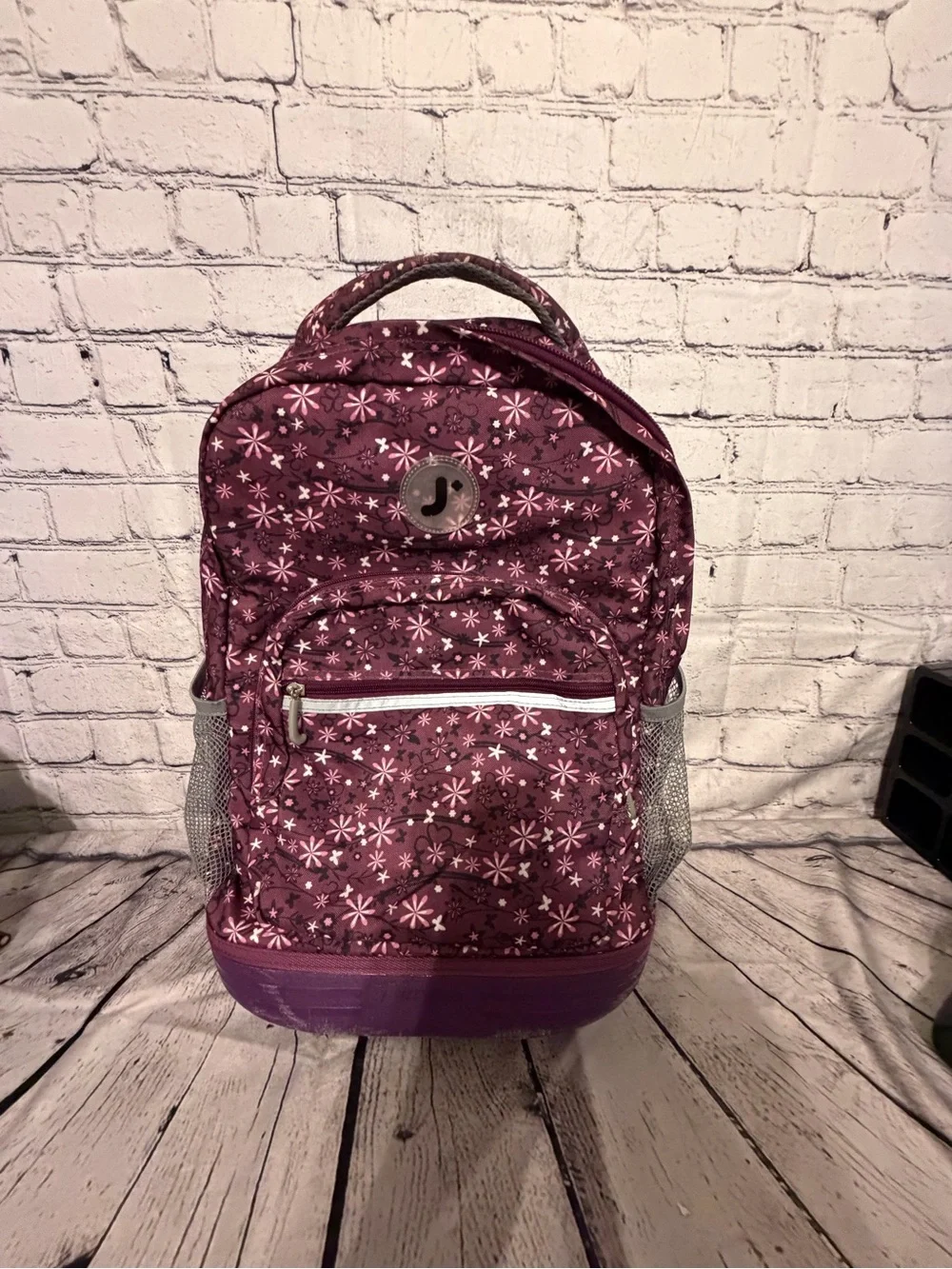 J WORLD Purple Floral Kids Backpack with Front Pocket